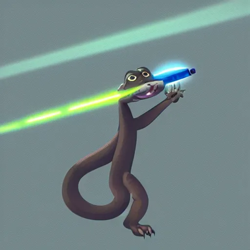 Image similar to “ komodo dragon in the style of zootopia holding laser gun, floating alone, with a black background, digital art, award winning, trending on art station, retro style ”