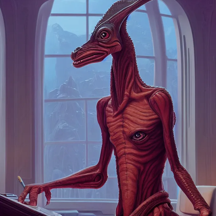 Prompt: portrait of jar jar binks in the oval office. intricate abstract. intricate artwork. by tooth wu, wlop, beeple, dan mumford. octane render, trending on artstation, greg rutkowski very coherent symmetrical artwork. cinematic, hyper realism, high detail, octane render, 8 k, iridescent accents