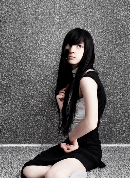 Prompt: a 1 4 year old girl eveline from resident evil 7 with straight long black hair wearing black dress that sitting on bathroom floor, model エリサヘス s from acquamodels