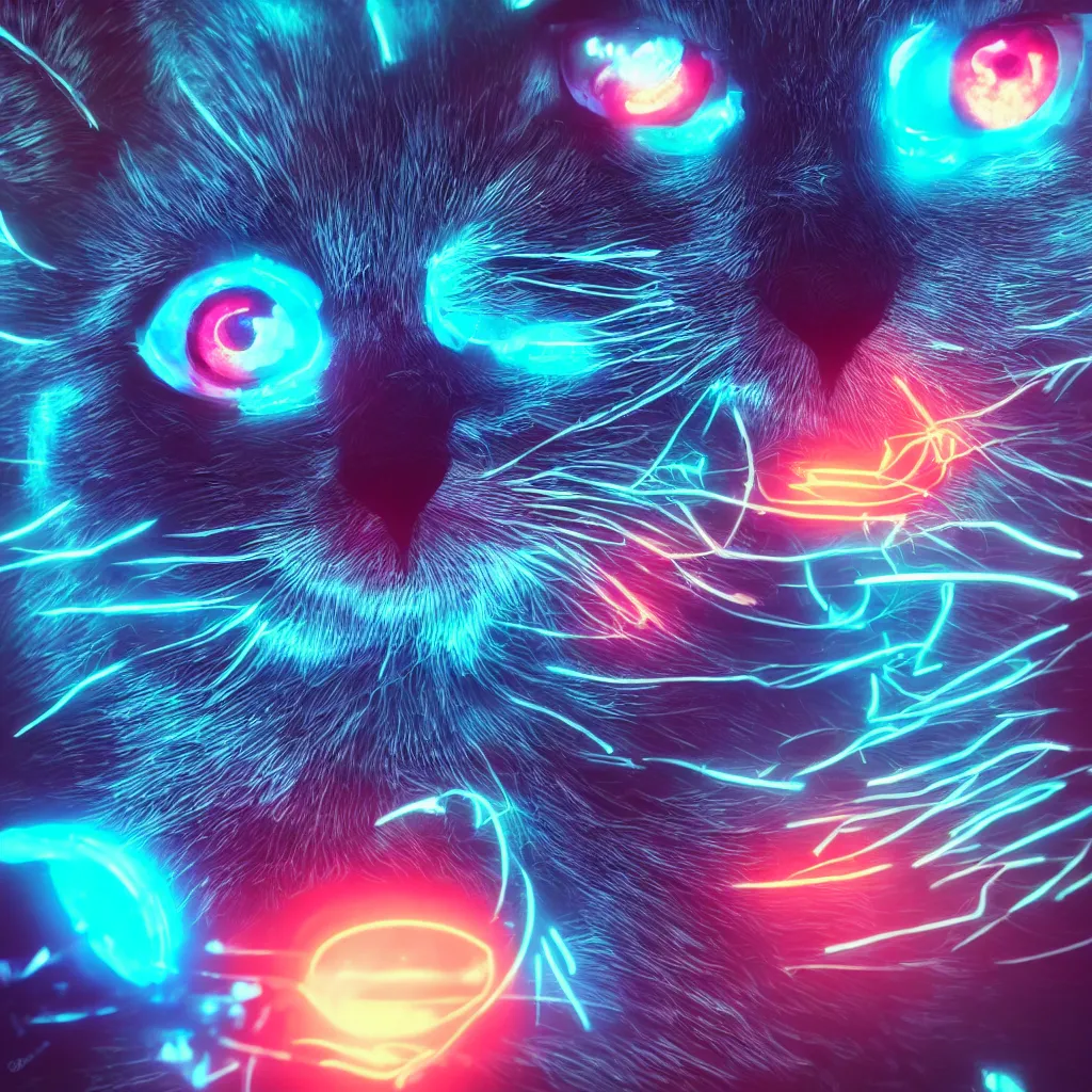 Image similar to cyber cat, cyber neon lighting, glowing eyes, futurism, hyper photorealistic, crispy quality, digital photography, trending in artstation, cinematic, beeple, 4 k ultra hd