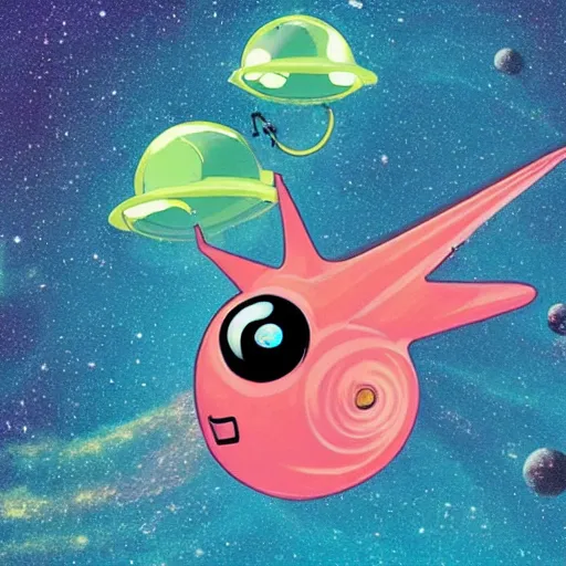 Prompt: a spaceship in the shape of a snail flying through space