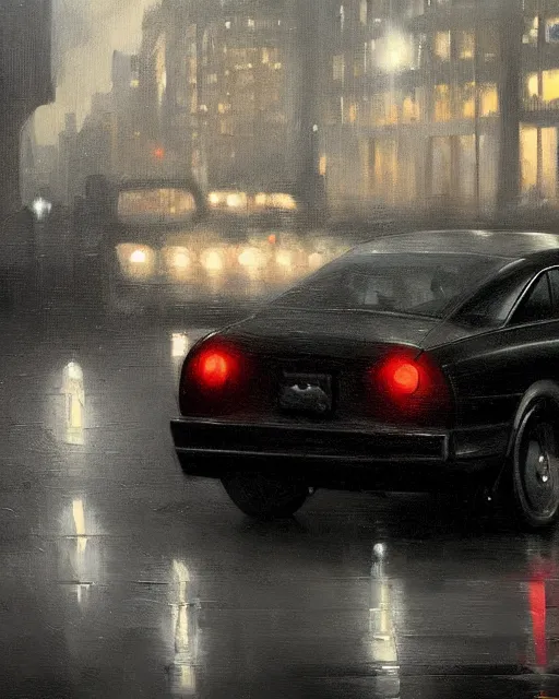 Prompt: Hyper realistic oil painting of a noir detective in his car, hyper detailed, gloomy, moody lighting, by greg rutkowski, trending on artstation
