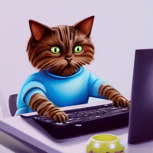 Prompt: cute alien robot cat working at computer, detailed painting in the style of ralph mcquarrie 4 k