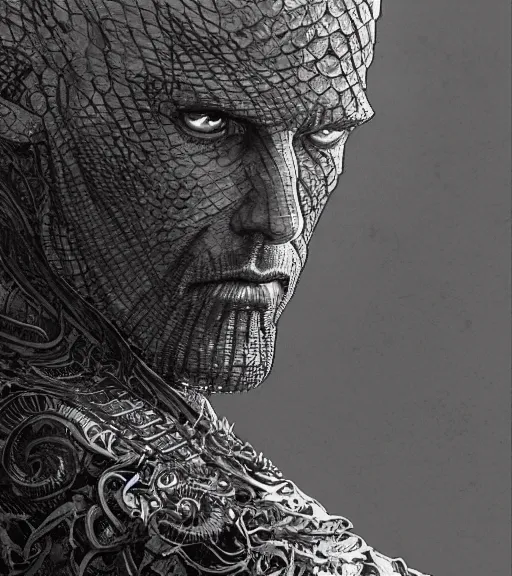 Prompt: portrait of strong bald man with scars in intricate dragonscale armor, pen and ink, intricate line drawings, by craig mullins, ruan jia, kentaro miura, greg rutkowski, loundraw