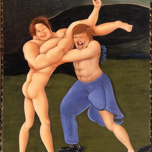 Prompt: conan o'brien and andy richter wrestling, by botticelli