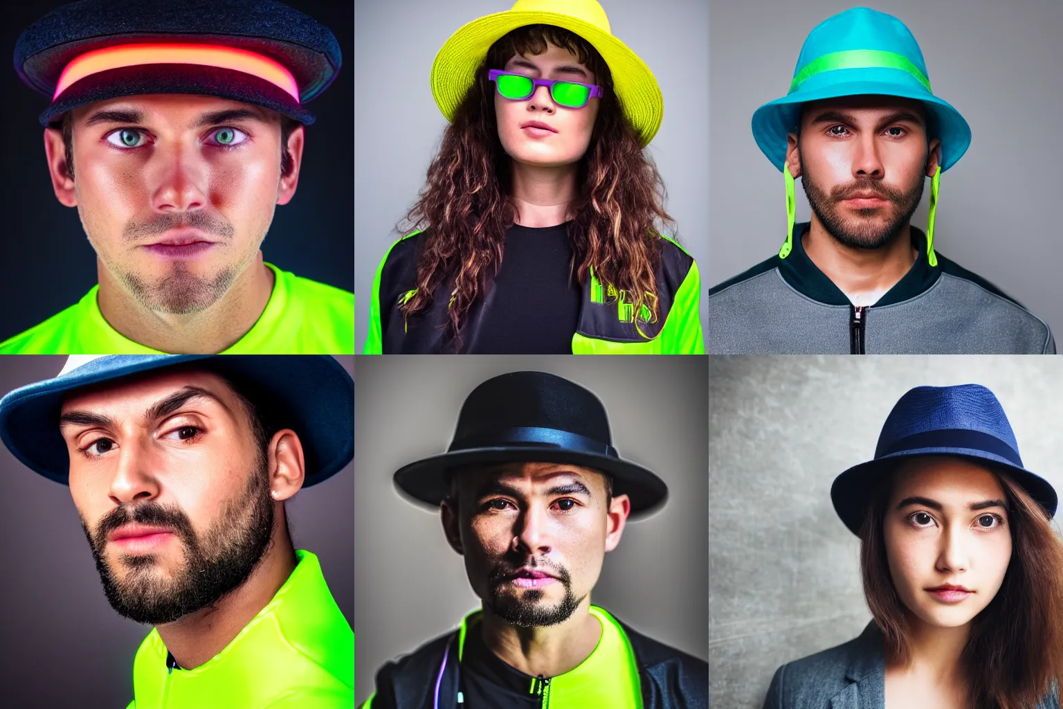 Prompt: closeup headshot photo of the person with nineties neon track jacket and fedora, detailed face details