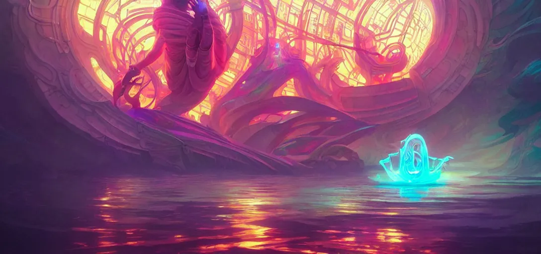 Image similar to a floating temple, channeling swirling energy, wearing netrunner clothing, vaporwave aesthetic, colorful, psychedelic, digital painting, artstation, concept art, smooth, sharp focus, illustration, art by artgerm and greg rutkowski and alphonse mucha