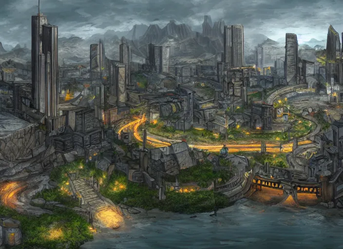 Image similar to wide shot, establishing shot of a modern day dungeons and dragons city with a river going through it, trending on artstation,