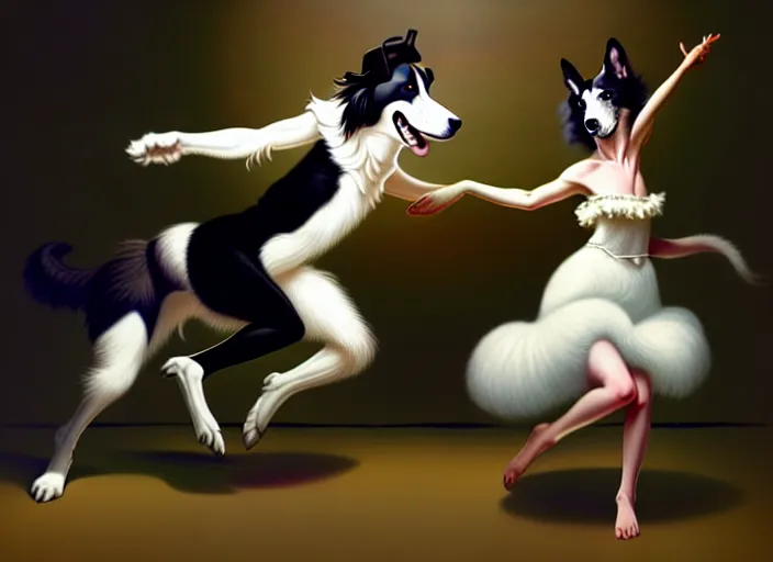 Image similar to wide shot painting of a male anthropomorphic border collie fursona dancing with a cute female anthropomorphic sheep fursona in a ballroom, beautiful, intricate, elegant, realistic proportions, highly detailed, scenic background, trending on artstation, art by charlie bowater and henry asencio and and ross tran