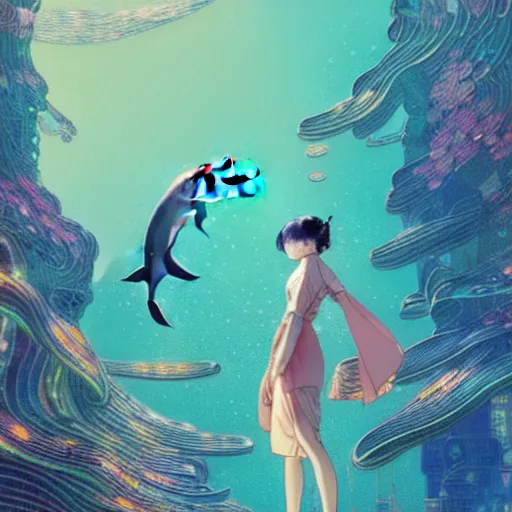 Image similar to a beautiful hyperdetailed character design 4 k wallpaper illustration of a cute dolphin with a beautiful girl, victo ngai cyberpunk style, from china, style of studio ghibli, makoto shinkai, raphael lacoste, louis comfort tiffany, artgerm, james jean, ross tran, chinese style