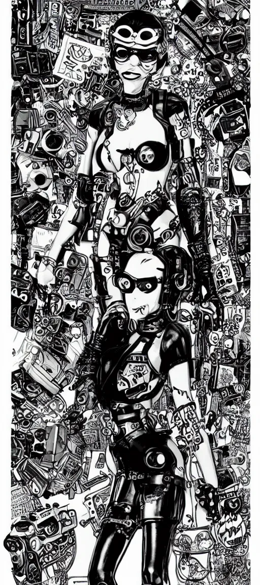Image similar to a cybergoth woman wearing goggles and eccentric jewelry by jamie hewlett :: full body character concept art, detailed, intricate