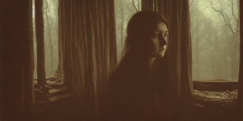 Image similar to portrait bust of young woman, solemn expression, faded color film, russian cinema, tarkovsky, kodachrome, old cabin, next to window, heavy forest outside, long brown hair, old clothing, heavy fog, hudson river school, 4 k, dramatic lighting, greg rutkowski