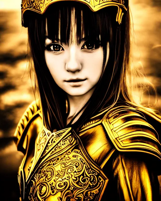 Image similar to anime style portrait of woman in shining golden armor, high production value, intricate details, high resolution, hdr, high definition, masterpiece, realistic, ultrarealistic, highly detailed, hd, sharp focus, non blurry, sharp, smooth