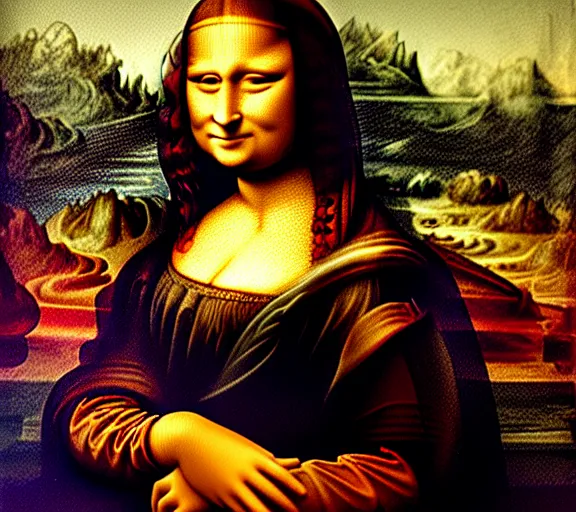 Image similar to A portrait of mona lisa holding a giant pipe, smoke, 8k, hyper-detailed, cinematic