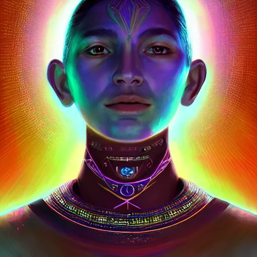 Image similar to portrait of a future metaverse Ayahuasca tech shaman warrior, 2D cartoon, visionary art, symmetric, Magick symbols, holy halo, shipibo patterns, sci-fi, concept art, trending on art station, 8k digital art, by Mandy Jurgens, fantasy art