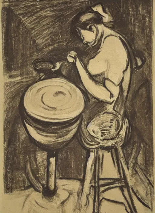 Prompt: abstract stylized charcoal drawing of a woman sitting at a pottery wheel working on a vase, john singer sargent, van gogh, miro, vermeer