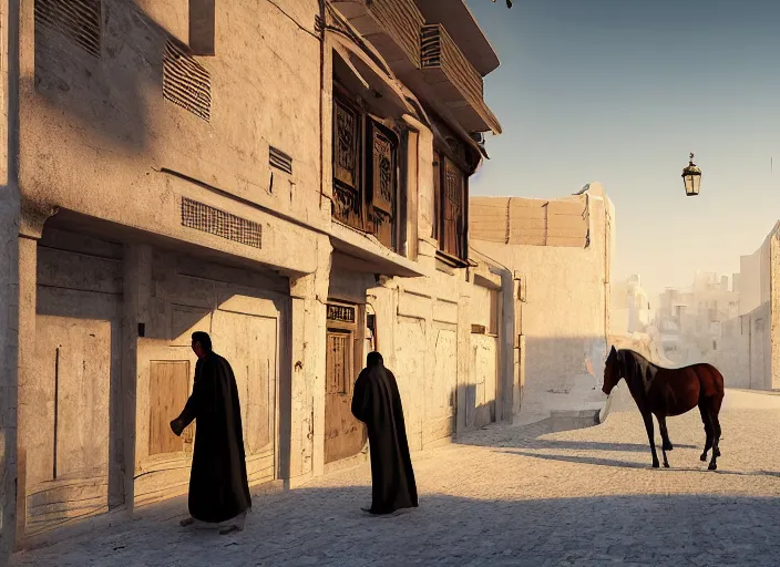 Prompt: old jeddah city alley, roshan, old shops, horse, magical glowing portal to another dimension, a man wearing a white robe standing watching over, dramatic lighting, dawn, by caspar david friedrich, unreal engine 5