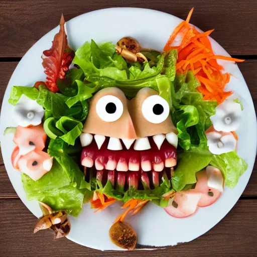 Prompt: food photography of a human teeth salad with lots of human teeth and a pinch of human teeth with a side of human teeth