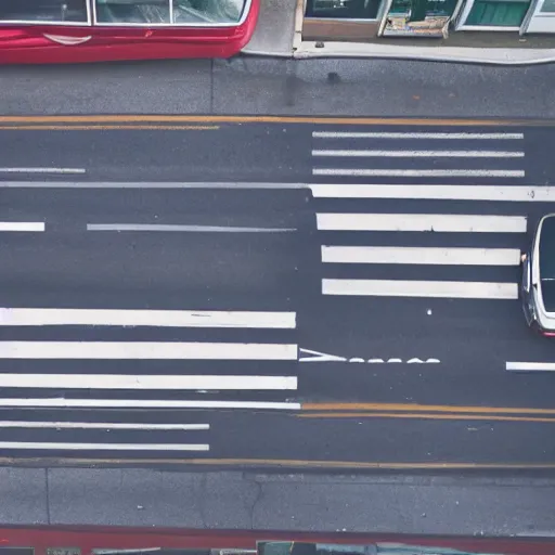 Prompt: A overhead shot taken from the second floor of a brown man parallel parking a white work van, in Vancouver, BC