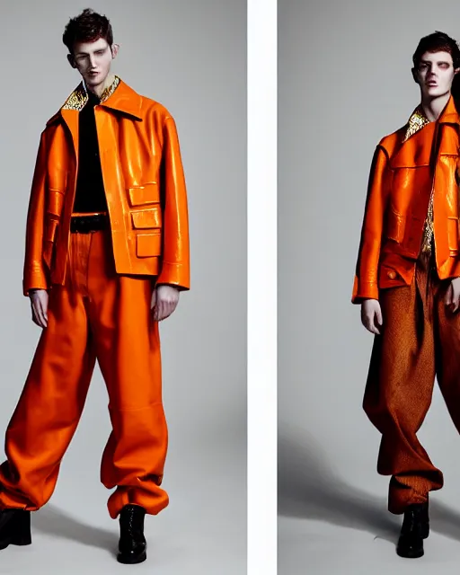 Prompt: a fashion editorial photo of a orange extremely baggy short ancient medieval designer menswear leather jacket with an oversized collar and baggy bootcut trousers designed by alexander mcqueen, 4 k, studio lighting, wide angle lens