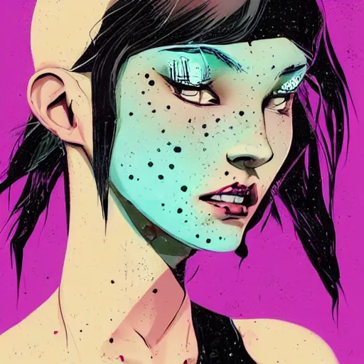 Prompt: Highly detailed portrait of pretty punk zombie young lady with freckles by Atey Ghailan, by Loish, by Bryan Lee O'Malley, by Cliff Chiang, inspired by image comics, inspired by graphic novel cover art, inspired by papergirls !!!mystical color scheme ((gradient grafitti tag brick wall background))