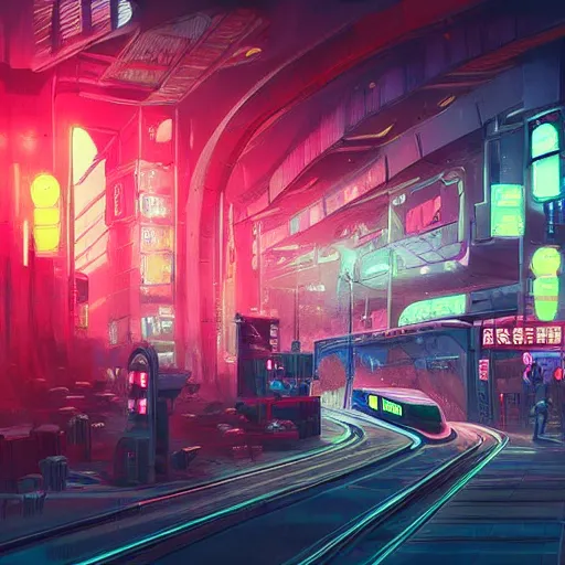 Image similar to a futuristic post - apocalyptic subway city of oriental type with neon lights artstation, illustration