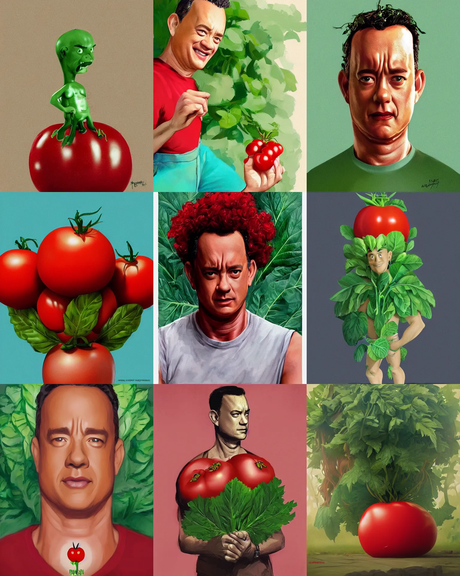 Prompt: tom hanks as forest gump as a tomato, his skin is red with leafy green hair, animation character, dramatic lighting, forest gump tomato body, shaded lighting poster by magali villeneuve, artgerm, jeremy lipkin and michael garmash, rob rey and kentaro miura style, trending on art station