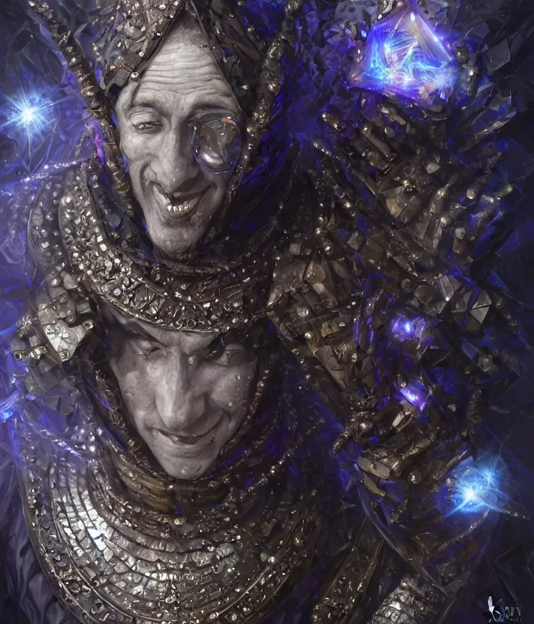 Image similar to front!!! shot of a court jester!!! character, mesmerizing fractal hypercubes, platinum cracked, dark holography!!!, future, metallic galactic, crystalline edges, polygonal, elegant, highly detailed, centered, (((artstation, concept art, jagged, sharp focus, artgerm, Tomasz Alen Kopera, Peter Mohrbacher, donato giancola, Joseph Christian Leyendecker, WLOP, Boris Vallejo))), ((raytracing)), mugshot!!!!!, ugly!!!!!!, octane render, nvidia raytracing demo, octane render, nvidia raytracing demo, octane render, nvidia raytracing demo, 8K