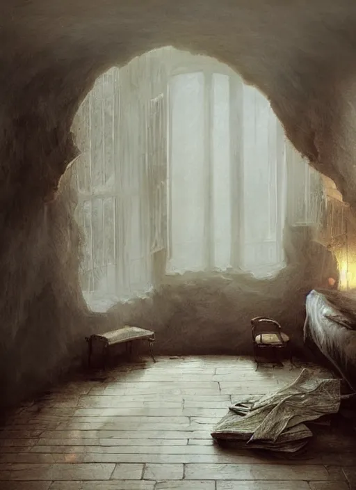 Image similar to a dreary bedroom where the wall behind the bed melts away to reveal fantastical scenes of dreams, dreams invading mundane spaces, fantasy infiltrating reality, bubbles of the impossible, swirls of magic, 8k, ultradetailed, illustrated by Greg Rutkowski and Caspar David Friedrich.