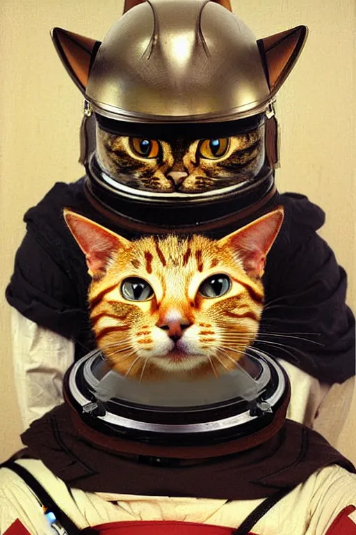 Prompt: portrait of a cat astronaut with japanese samurai armor and helmet, majestic, solemn, by bouguereau