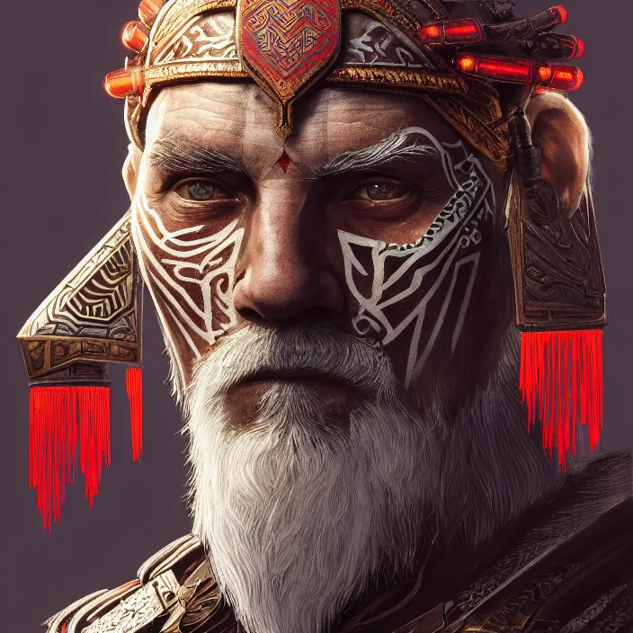 Prompt: symmetry! portrait of a old male caucasian warrior, face decorated with chinese patterns, leds, assassin's creed, horizon zero dawn machine, intricate, elegant, highly detailed, digital painting, artstation, concept art, smooth, sharp focus, illustration, art by artgerm and greg rutkowski and alphonse mucha, 8 k