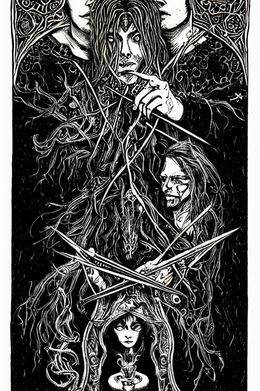 Prompt: dark fantasy, tarot card of the Ian Lynch from the band lankum!!!!!, dark surrealist , fantasy, intricate, elegant, highly detailed, digital painting, artstation, concept art, smooth, sharp focus, illustration, art by Jim Fitzpatrick