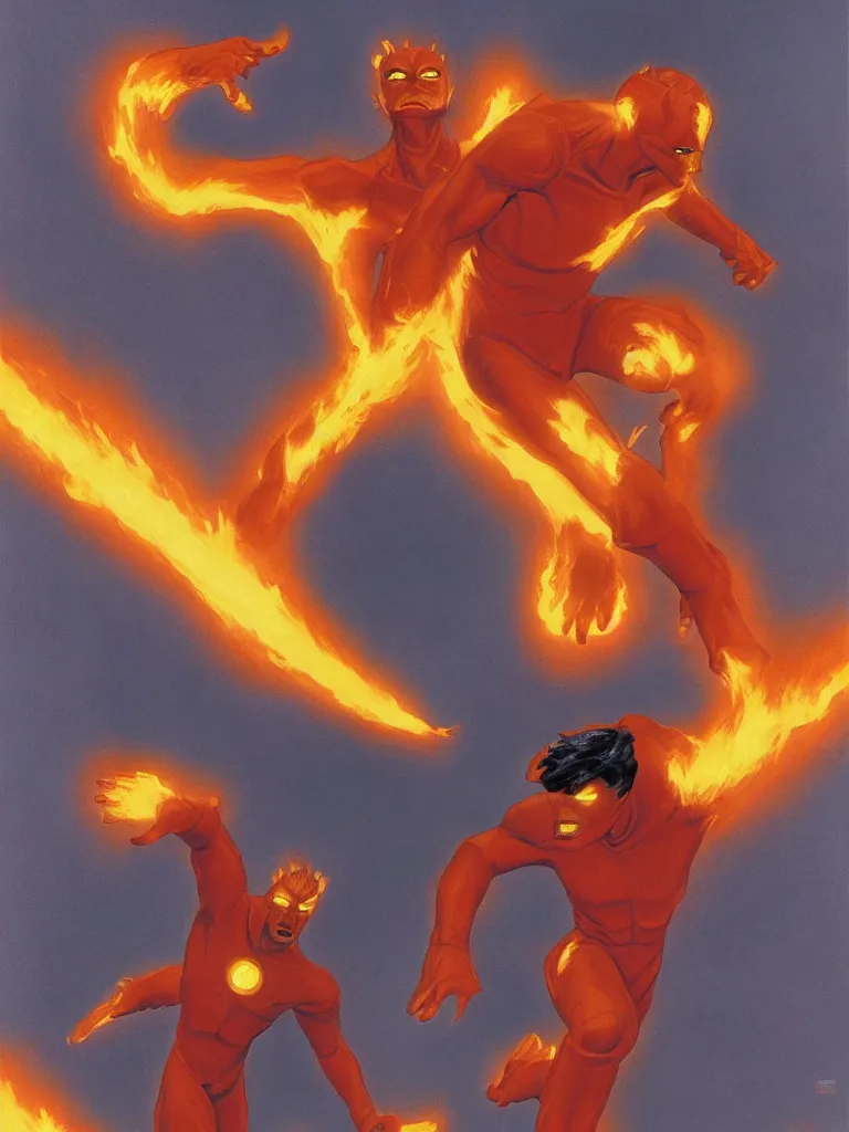Image similar to human torch and the thing, concept art, illustration, sci-fi, volumetric lighting, art by ralph mcquarrie