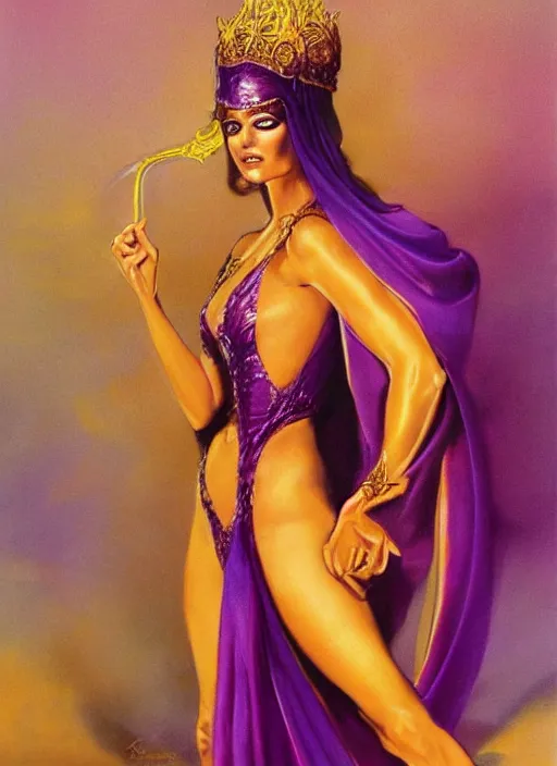 Image similar to portrait of plump sorceress of the moon, golden tiara, purple robe and veil, strong line, muted color, beautiful! coherent! by boris vallejo