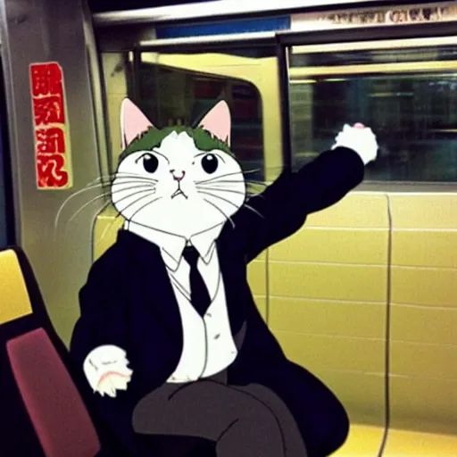 Image similar to “ angry cat wearing a suit riding the subway, studio ghibli, spirited away, anime, by hayao miyazaki ”