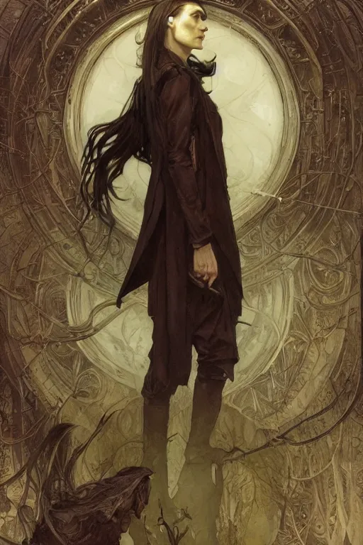 Prompt: skinny male fantasy alchemist, long dark hair, 1 9 2 0 s fashion, elegant, highly detailed, intricate, smooth, sharp focus, artstation, digital paining, concept art, art by donato giancola, greg rutkowski, artgerm, cedric peyravernay, valentina remenar, alphonse mucha