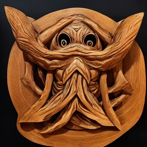Prompt: Detailed oak wood carving sculpture of Cthulhu with a pentagram in the mountains, rocky mountains at night with campfire