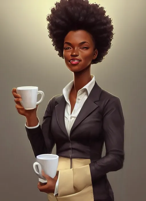 Image similar to detailed digital painting of beautiful black woman with natural hair in corporate attire holding a steaming coffee mug, fanart behance trending on artstation, concept art, matte, sharp focus, illustration, corner office background, hearthstone, art by artgerm and greg rutkowski and alphonse mucha