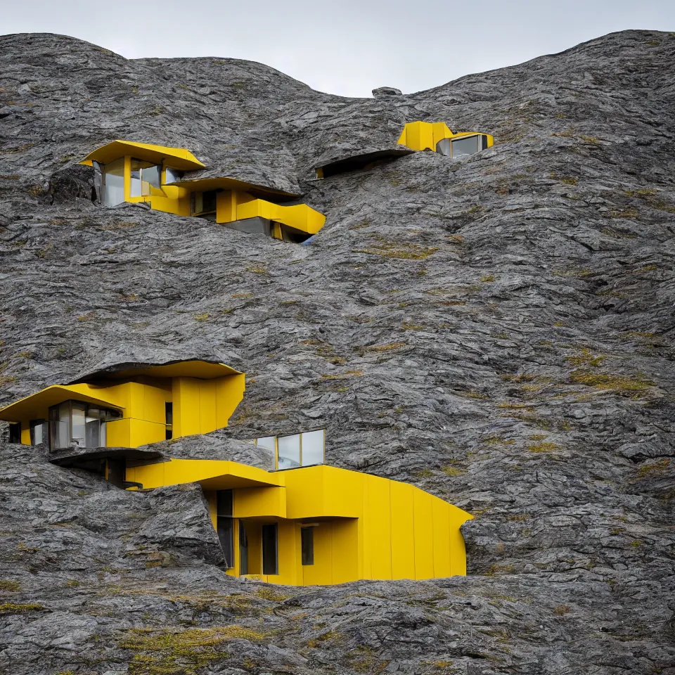 Prompt: a big mid-century modern house on top of a cliff in the arctic, designed by Frank Gehry, with a long gravel pathway towards it. Big tiles. Film grain, cinematic, yellow hue