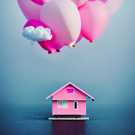 Image similar to a 5 0 mm lens photograph of a cute pink floating modern house, floating in the air between clouds, inspired by the movie up, held up from above by heart ballons. mist, playful composition canon, nikon, award winning, photo of the year