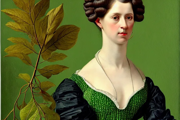 Image similar to franz szony style : a wonderful realistic closed portrait of woman with a majestic intricate and bizarre intertwined ramifications of leaves hairstyle and a semi transparent green cotton dress - h 7 6 8