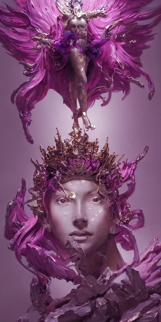 Image similar to female angel queen head wearing shiny pink crown, subtle purple accents, hyper details, black metal rococo, sculpted by Alex Alice, Craig Mullins, yoji shinkawa, trending on artstation, beautifully lit, Peter mohrbacher, hyper detailed, elite, elegant, luxury, ray of light through smoke, CGsociety, hypermaximalist, golden ratio, neofuture, volumetric, octane render, weta digital, micro details, 3d sculpture