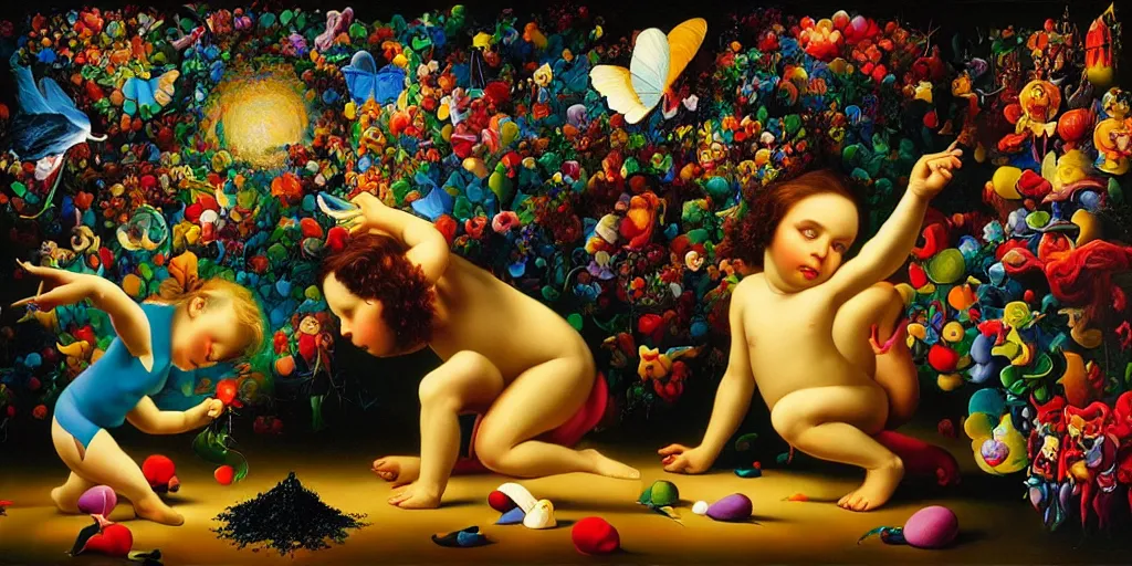 Image similar to the three imaginary fates pleasure dream adventure love abstract oil painting by gottfried helnwein pablo amaringo raqib shaw