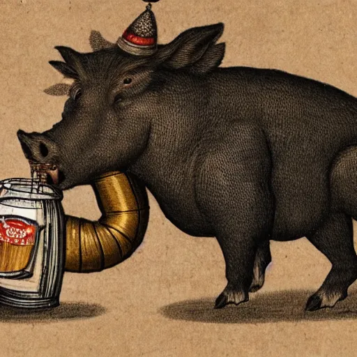 Image similar to an anthropomorphic boar drinking beer