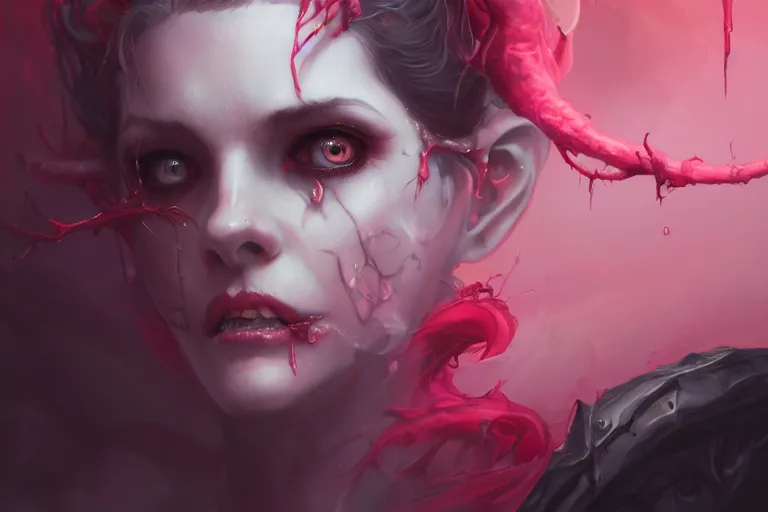 Prompt: an insanely detailed close up portrait of a succubus, black sclera, blood red pupils, pink skin, in the style of peter mohrbacher, artgerm, dramatic lighting and composition, pink fog background, octane render, trending on artstation, concept art 8 k