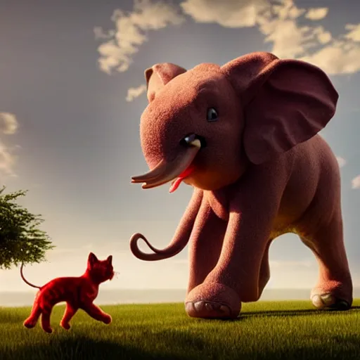 Prompt: a hyperrealistic photograph 3D octane render of a small red cat riding on a huge elephant in the park on a sunny day, trending on artstation, 4K, dramatic lighting, glowing, volumetric lighting, ray tracing, unreal engine