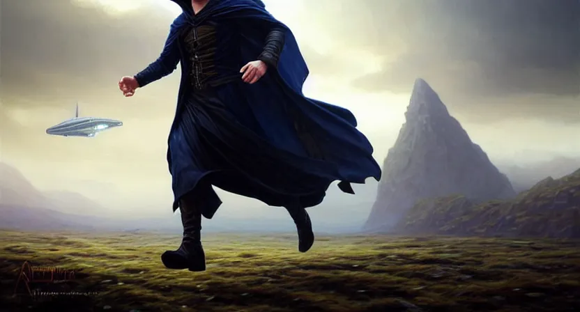 Image similar to handsome mage running away from a giant airship, black hair wearing hooded gothic navy cloak, mountain town, movie action still frame, ultra wide horizon, intricate, elegant, highly detailed, hyperrealism, digital painting, concept art, smooth, sharp, focus, illustration, art by artgerm, greg rutkowski, ilya kuvshinov, alphonse mucha