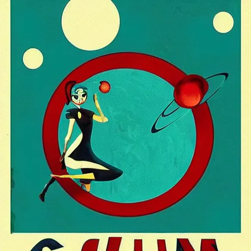 Prompt: “1950s art deco of the movie ‘Coraline’ under planets and stars in the background, retro poster, teal palette.”