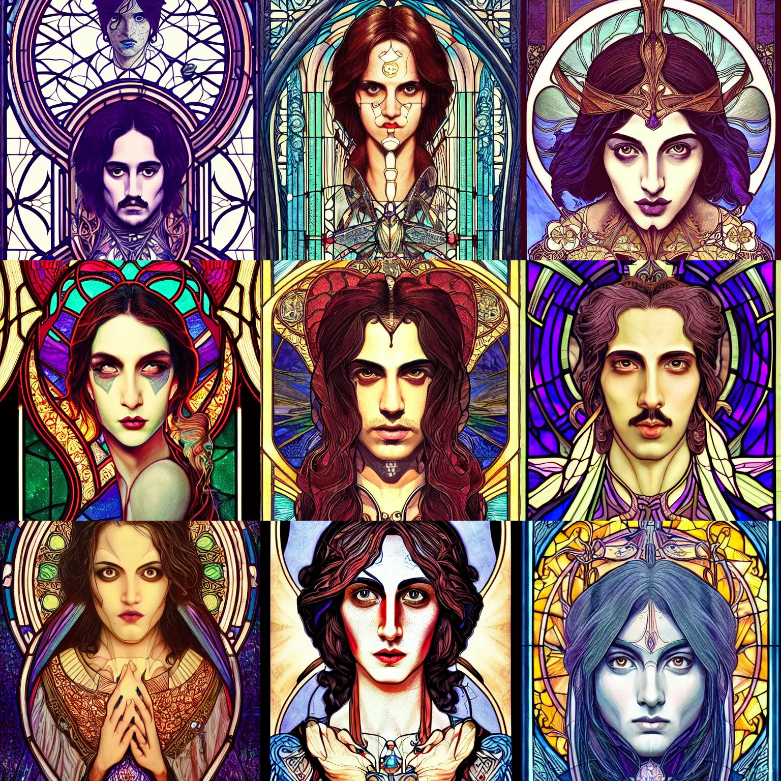 Prompt: head-on symmetrical centered painted portrait, Avan jogia Angel, art nouveau, tarot card style, stained glass, fantasy, intricate, elegant, highly detailed, smooth, sharp focus, illustration, artstation, in the style of Artgerm and Anna Podedworna and Alex Ross and Mucha