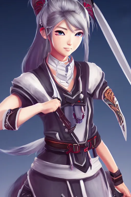 Image similar to a south korean female from video game paladins, white ponytail hair, she is holding kunai, highly detailed digital art, character design, masterpiece